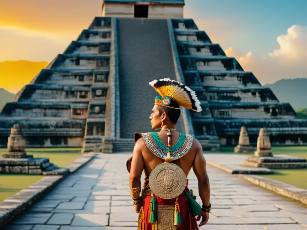 Dos mensajeros diplomáticos mayas intercambian mensajes frente a una pirámide adornada al atardecer