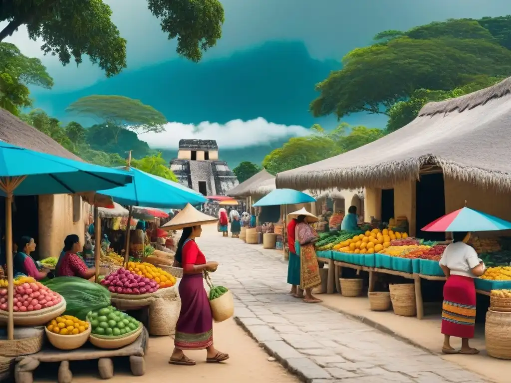 Mercado bullicioso en una aldea maya, colores vibrantes de textiles y cestas tejidas, frutas frescas y artesanos locales bajo sombrillas coloridas