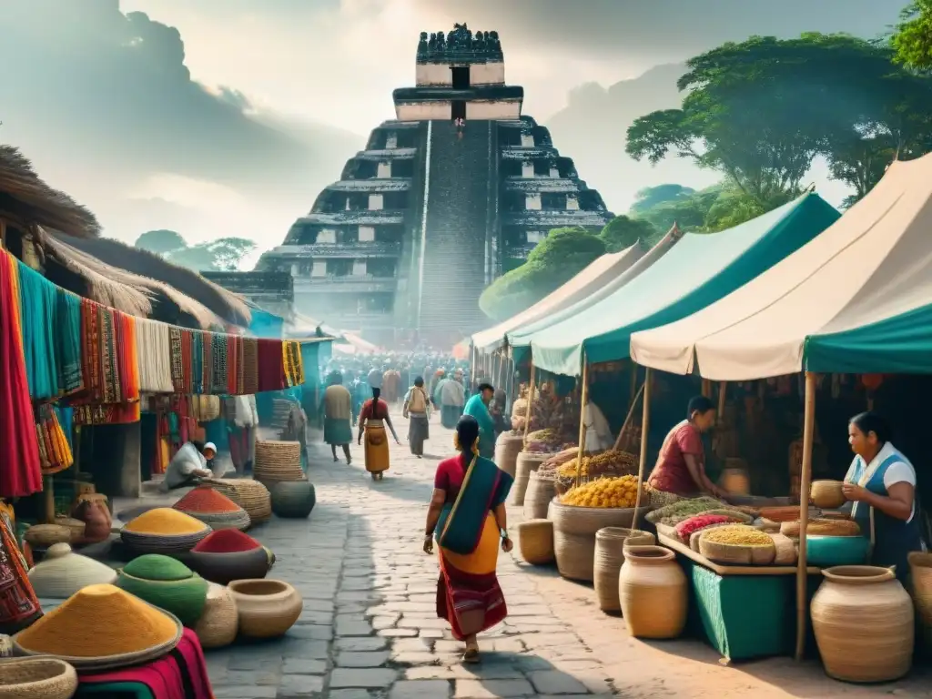 Un mercado bullicioso en una ciudad moderna, reflejo de las Rutas comerciales terrestres civilización maya