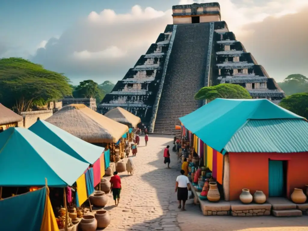 Un mercado colorido en una ciudad maya, con tejidos vibrantes y alfarería