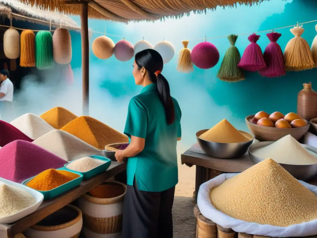 Un mercado local en México rebosante de vida y color, con productos de amaranto