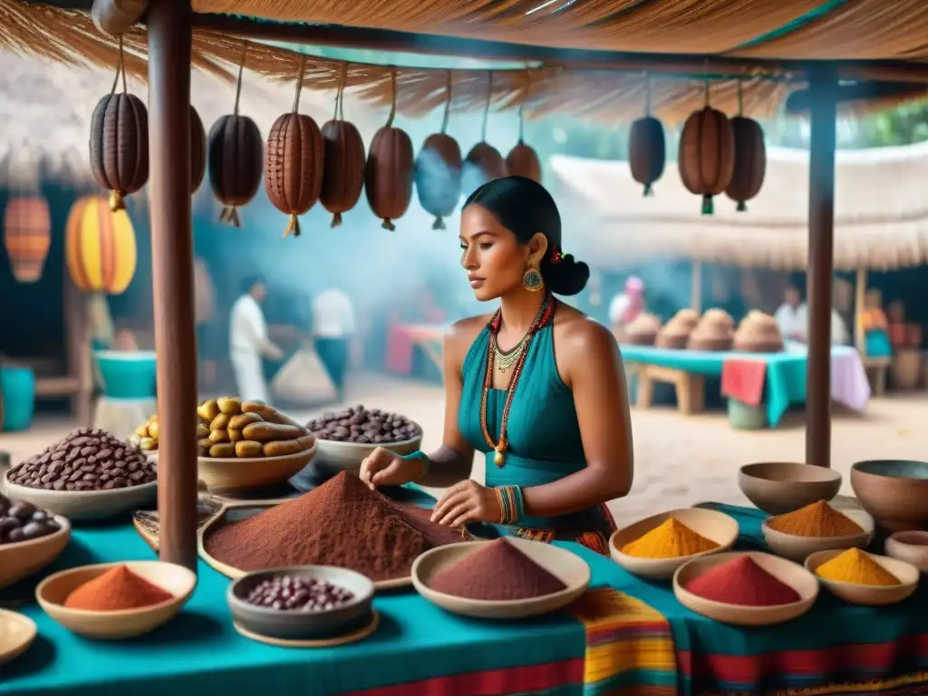 Vivid mercado maya con actividad y tradiciones, destacando la Importancia cultural del cacao