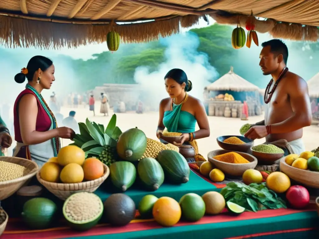 Mercado maya antiguo rebosante de vida con alimentos y personas intercambiando bienes