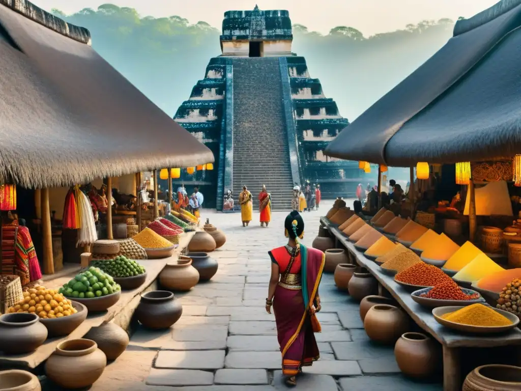 Mercado maya con arte y colores vibrantes, reflejando la esencia de la cultura y el comercio