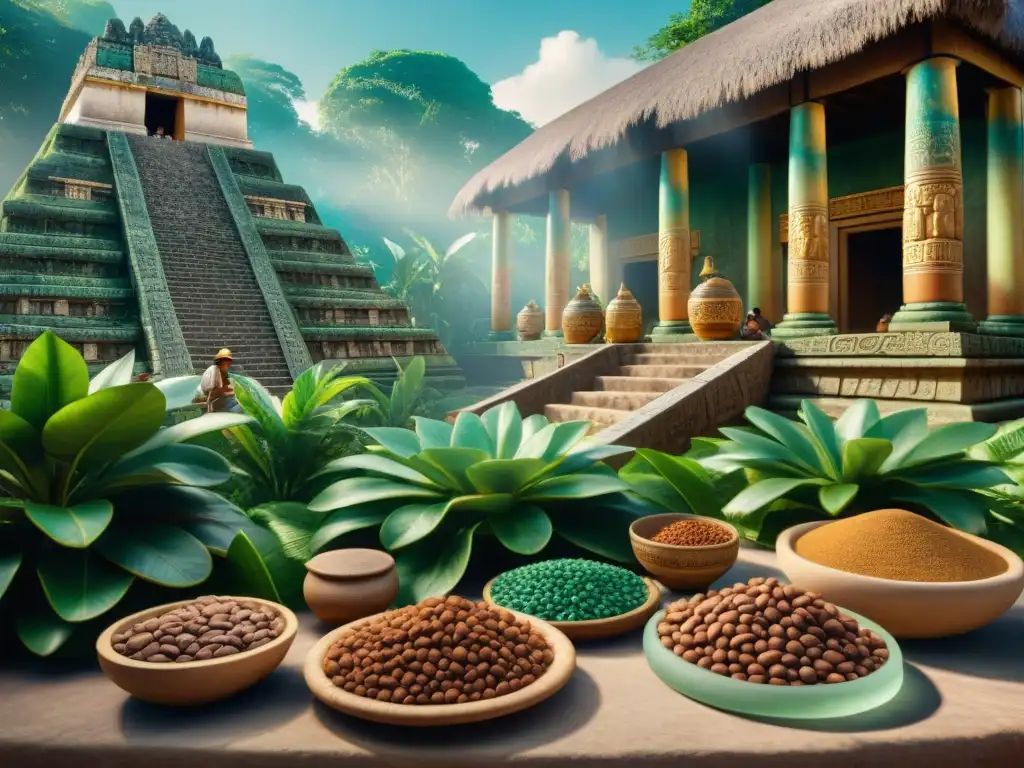 Mercado maya bullicioso con monedas de cambio imperio maya, cacao y jade brillando bajo el sol, templos al fondo