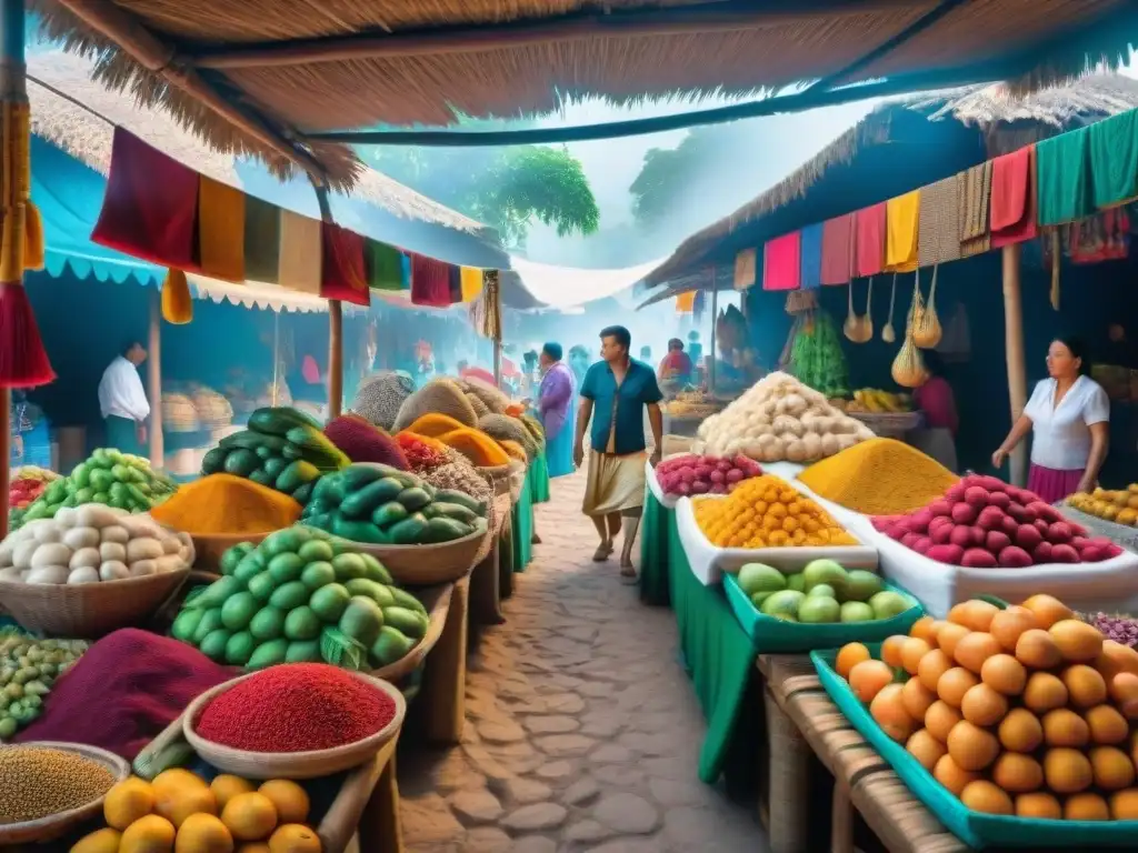 Un mercado maya bullicioso con textiles, frutas, verduras y arquitectura tradicional