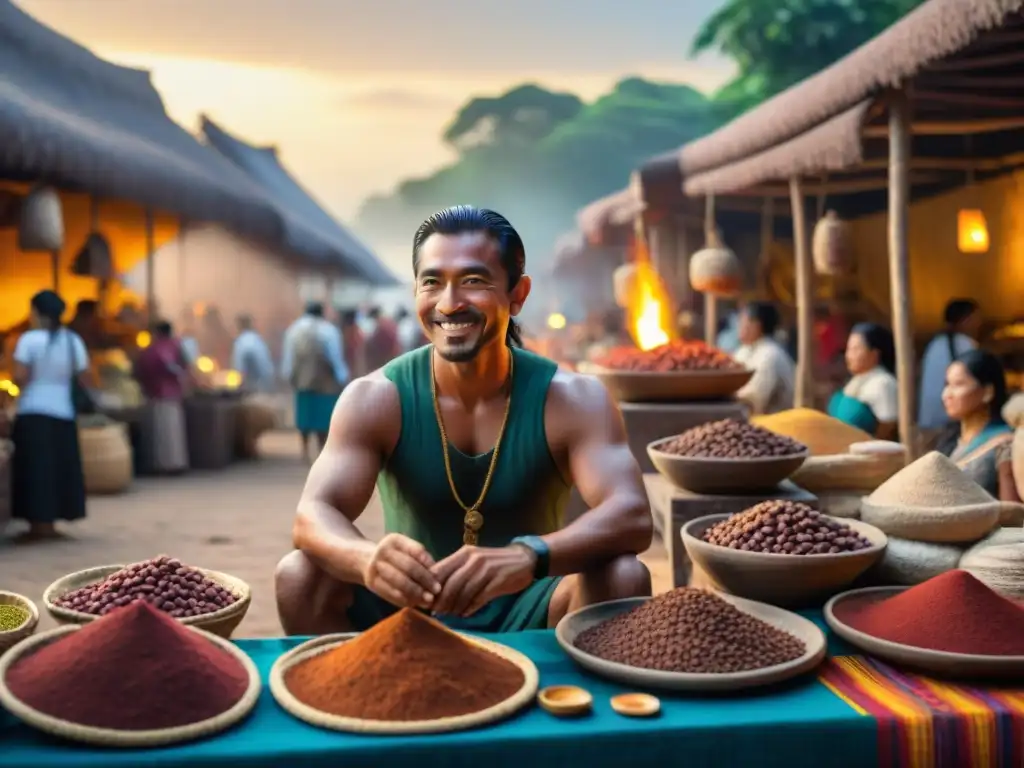 Mercado maya con Ek Chuah, dios del comercio, cacao y textiles, al atardecer