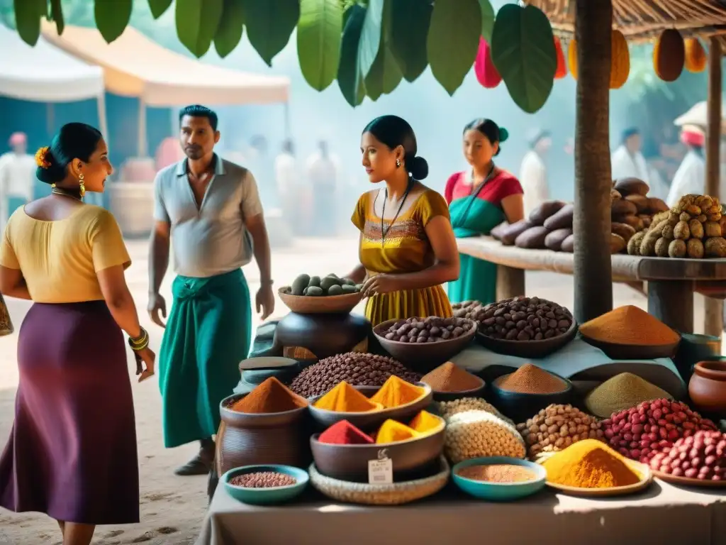 Vivid mercado maya con comercio de cacao y textiles bajo un ceiba, reflejo de alianzas políticas comerciales mayas chocolate