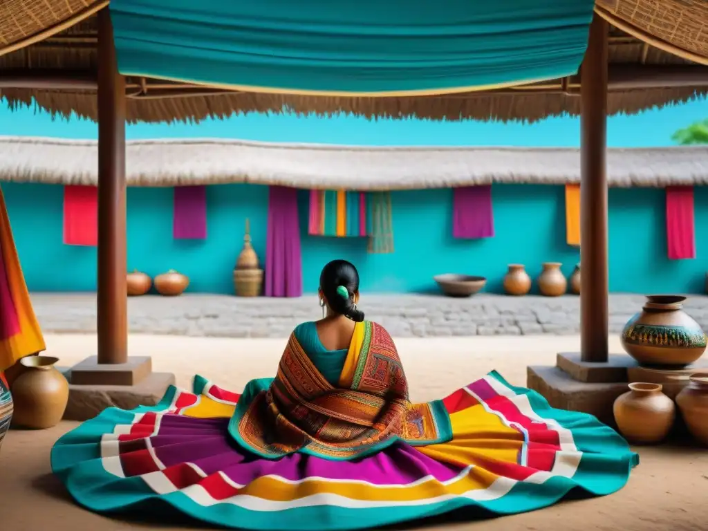 Mercado Maya: Colores y Tradición en Detalle Mercado maya con diseño innovador, tejidos coloridos y productos tradicionales, reflejando riqueza cultural