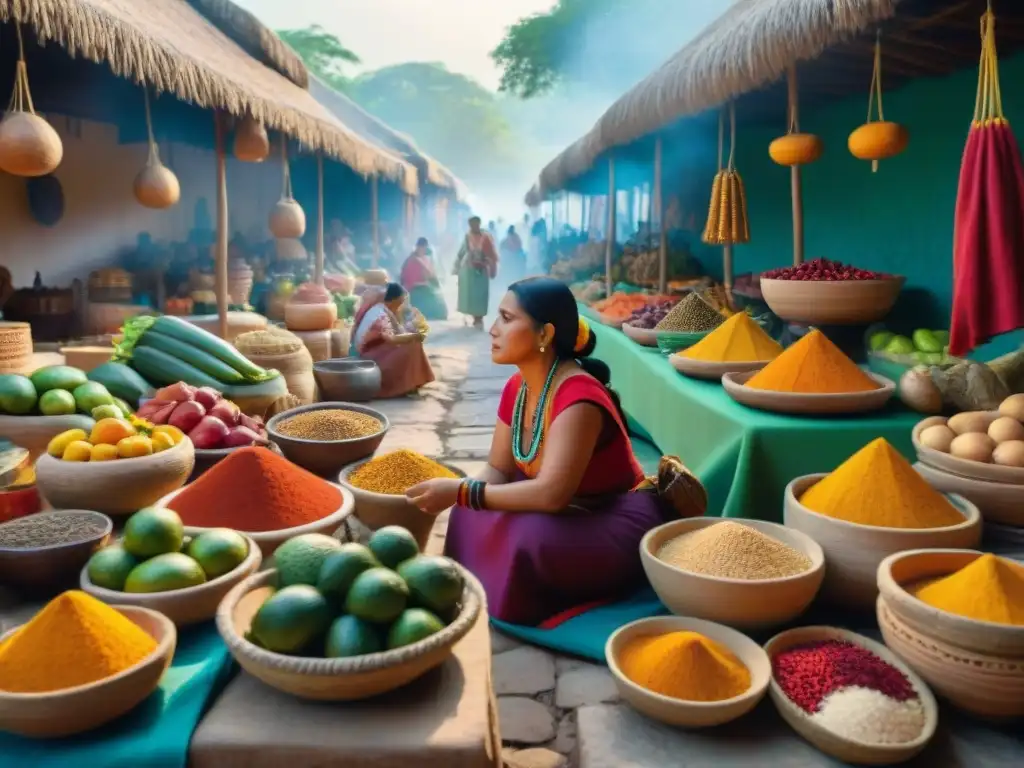 Un mercado maya lleno de colores y sabores ancestrales, con mujeres preparando recetas tradicionales