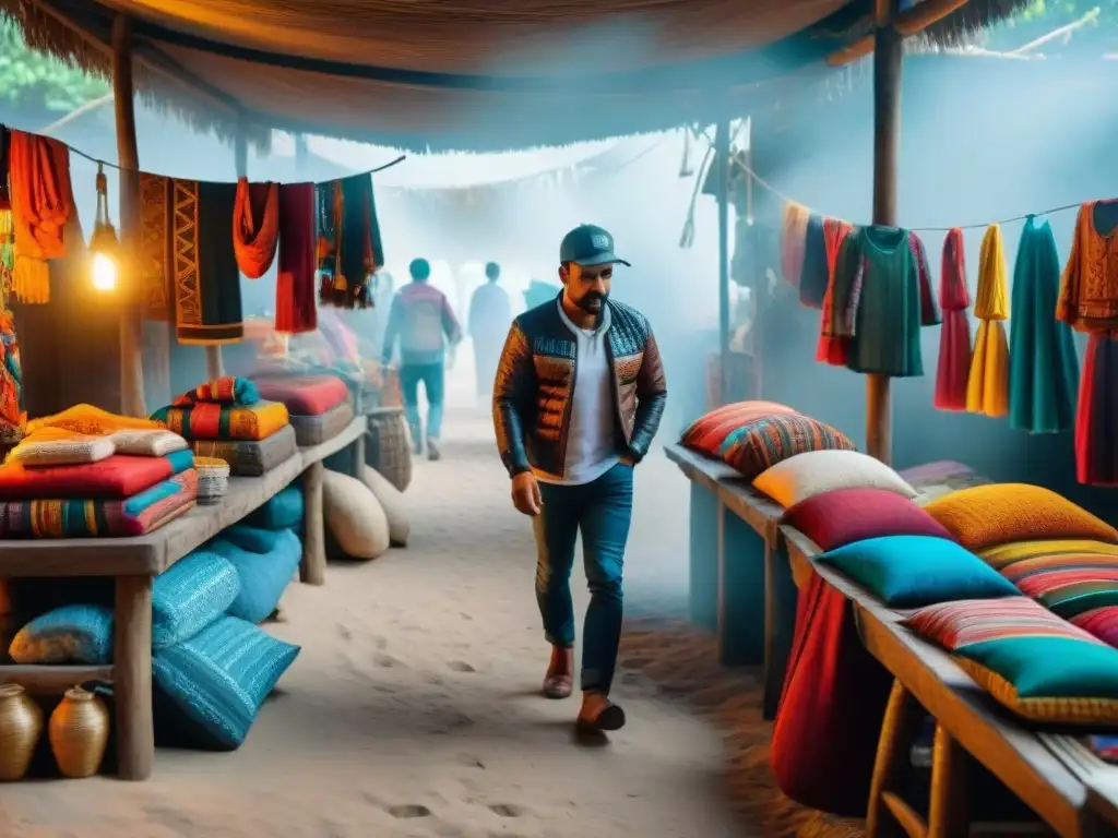 Mercado Maya: Colores vibrantes y tradiciones ancestrales Un mercado maya lleno de colores vibrantes y textiles tradicionales, con diseños innovadores y cultura única