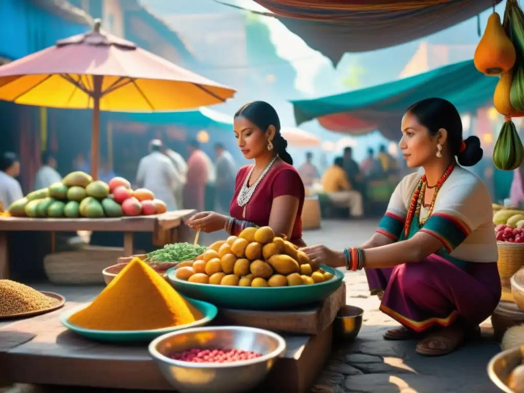 Un mercado maya lleno de sabores ancestrales y colores vibrantes, donde la cultura y la tradición se entrelazan en cada rincón