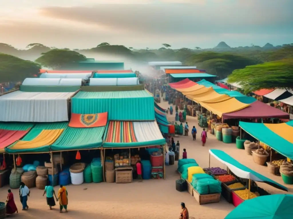 Un mercado maya con puestos coloridos y prácticas de manejo de residuos, fusionando tradición y sostenibilidad