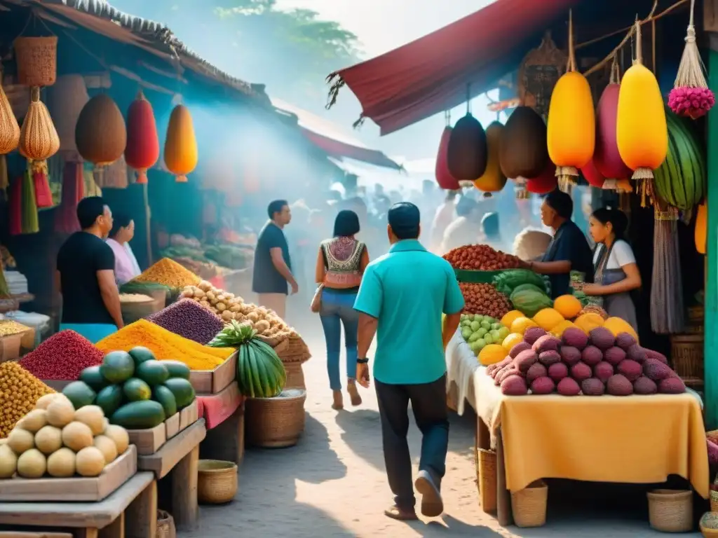 Un mercado Maya rebosante de sabores, colores y comercio, con vendedores indígenas ofreciendo frutas, especias y artesanías