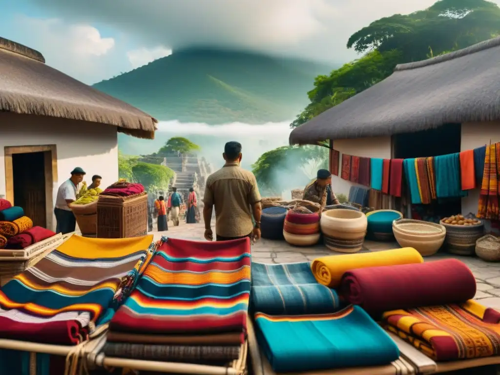 Mercado maya con textiles vibrantes en colores como índigo, rojo, marrón y amarillo significativos en la vestimenta maya