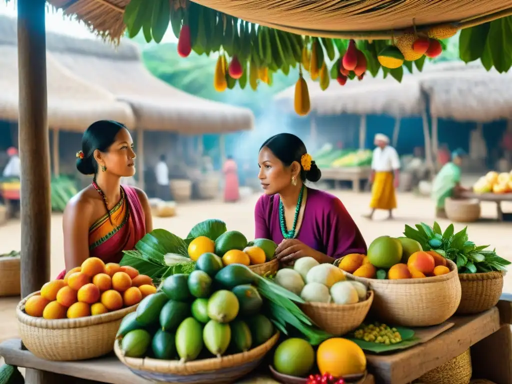 Un mercado maya tradicional rebosante de vida con alimentos medicinales, reflejando la herencia cultural de la dieta maya