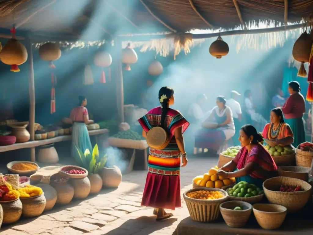 Mercado maya vibrante con artesanos vendiendo textiles y artesanías, resaltando la rica cultura de las comunidades mayas en redes sociales