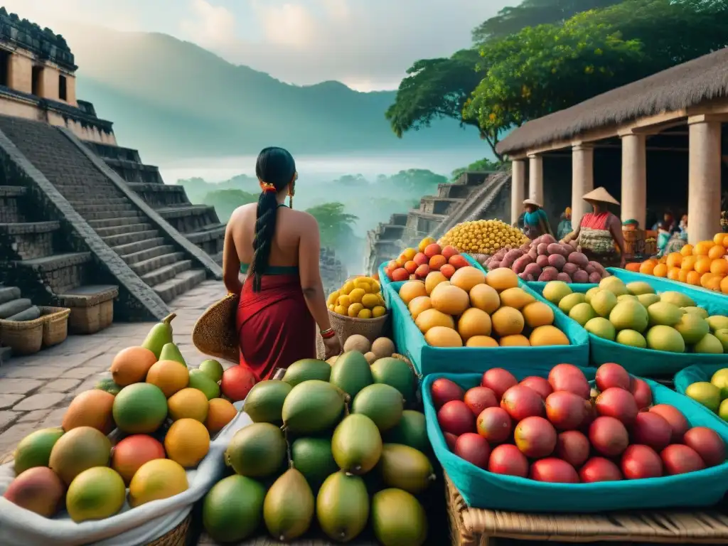 Un mercado maya vibrante y bullicioso, lleno de frutas exóticas y coloridas