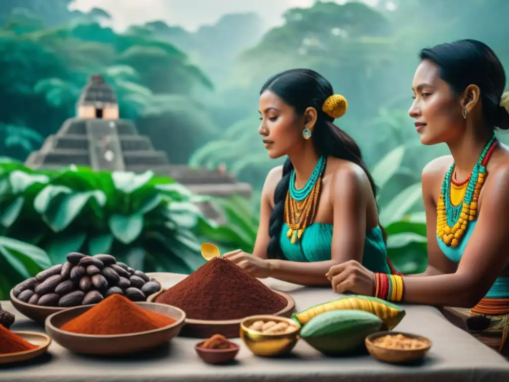 Un mercado maya vibrante con cacao en civilización maya, comerciantes y mujeres vestidas de forma tradicional moliendo cacao