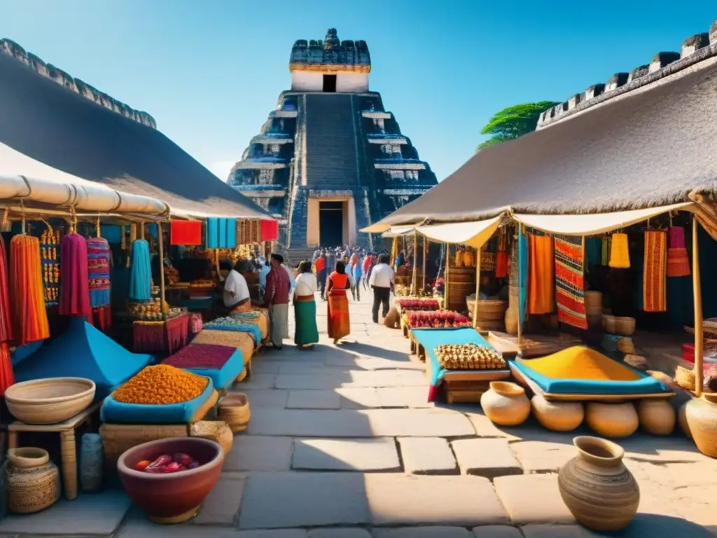 Mercado Maya vibrante: colores y cultura milenaria Un mercado maya vibrante con diseño innovador, textiles coloridos y alfarería en exposición bajo un cielo azul claro
