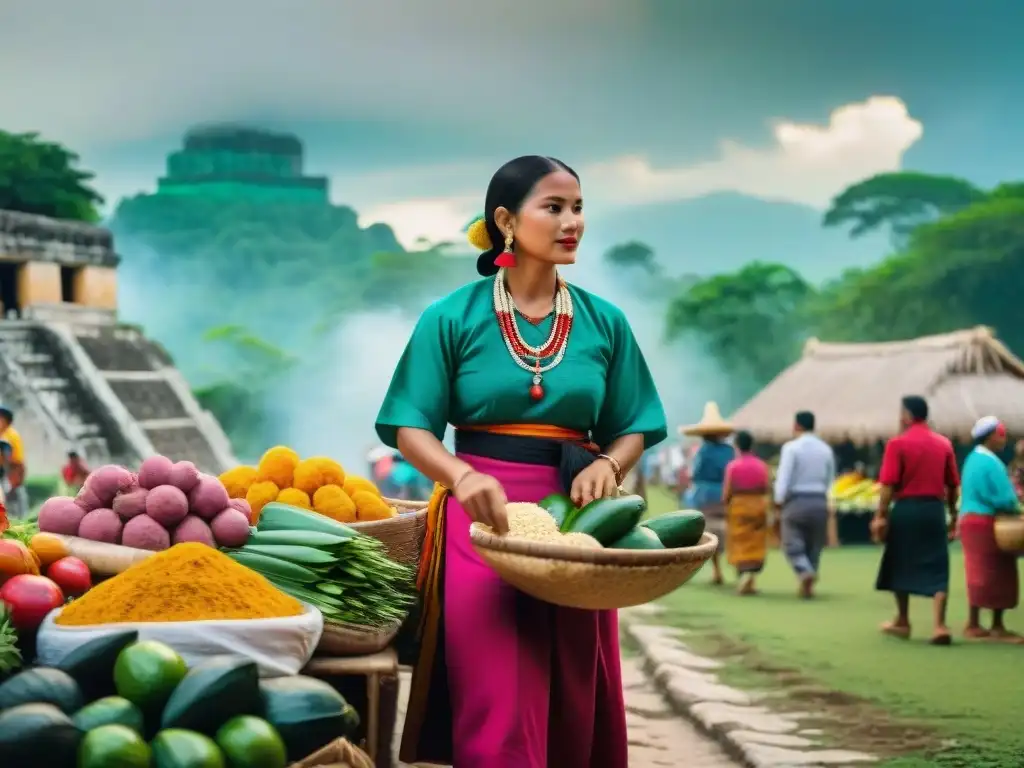 Mercado maya vibrante con locales en trajes coloridos vendiendo productos frescos y artesanías, rodeados de ruinas antiguas y vegetación exuberante