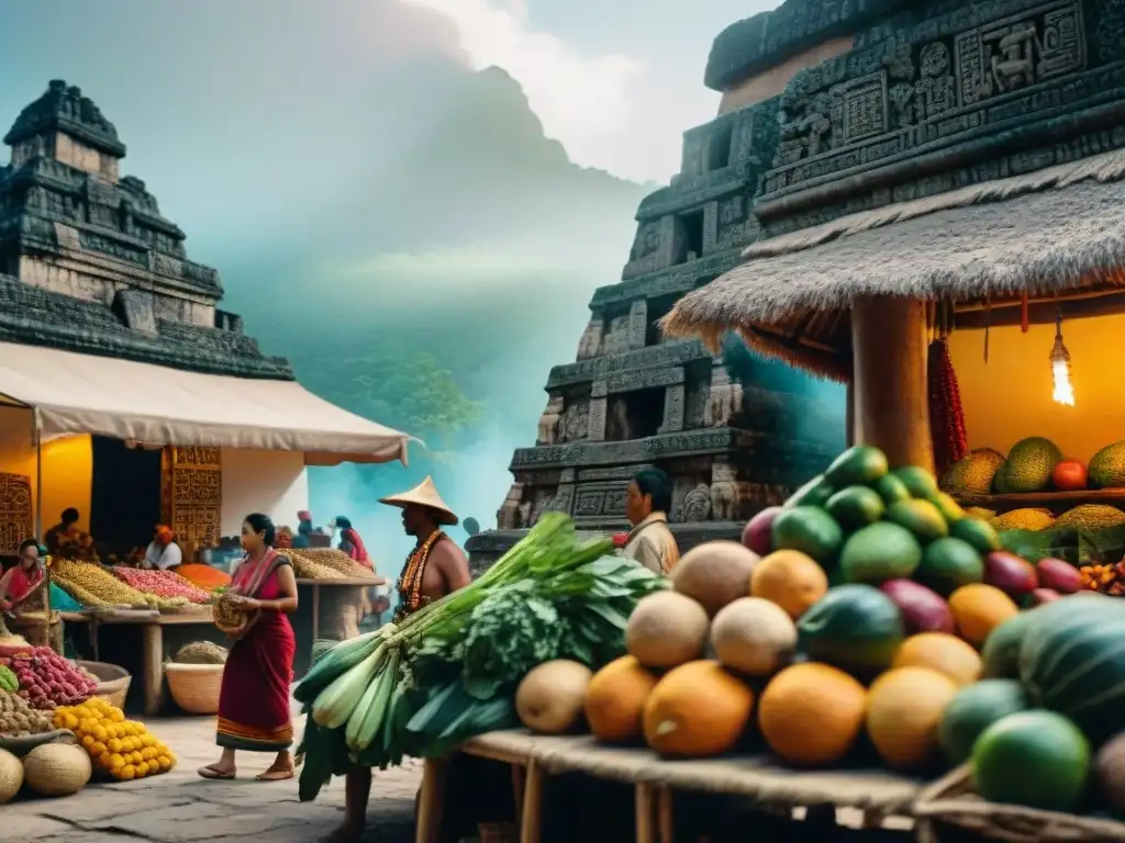 Mercado maya lleno de color y vida Mercado maya vibrante con puestos de frutas, verduras y especias