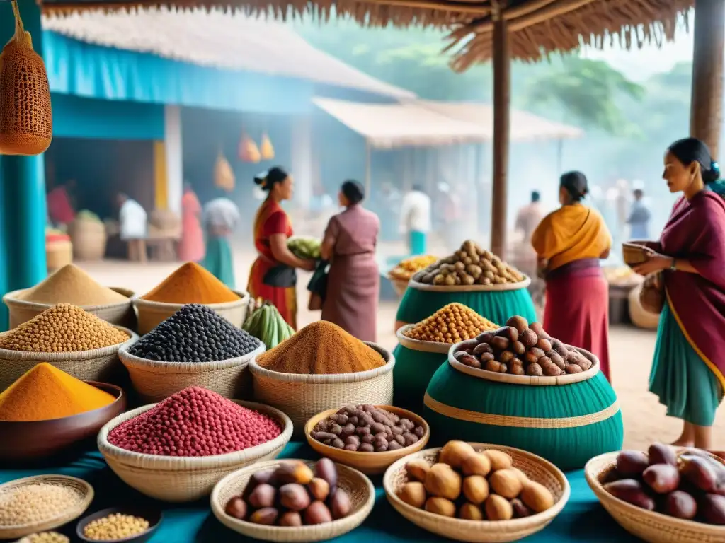 Un mercado maya vibrante con tamarindos coloridos en cestas tejidas, mujeres indígenas conversando y compradores examinando la fruta