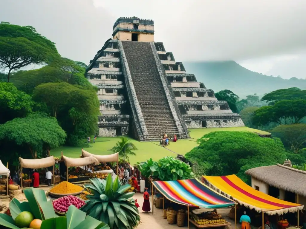 Mercado maya vibrante: textiles, artesanías y frutas bajo el sol Un mercado maya vibrante con textiles coloridos y frutas exóticas bajo el sol, rodeado de ruinas antiguas