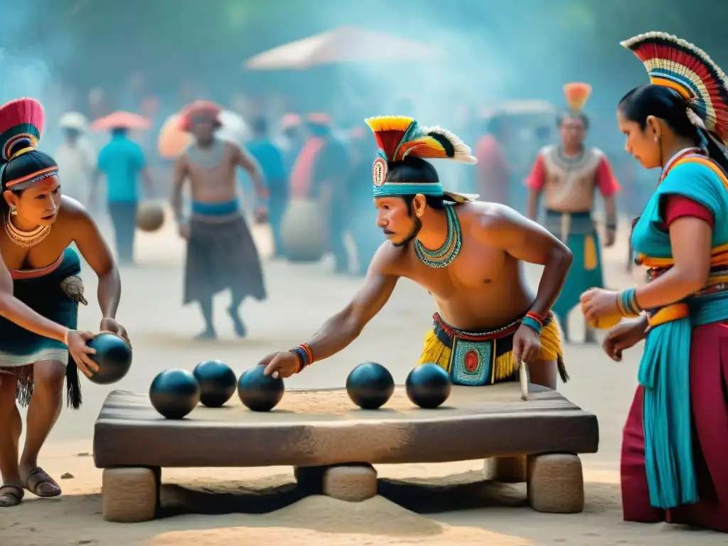 Mercado vibrante de comunidad maya moderna con réplicas del Juego de pelota mesoamericano maya