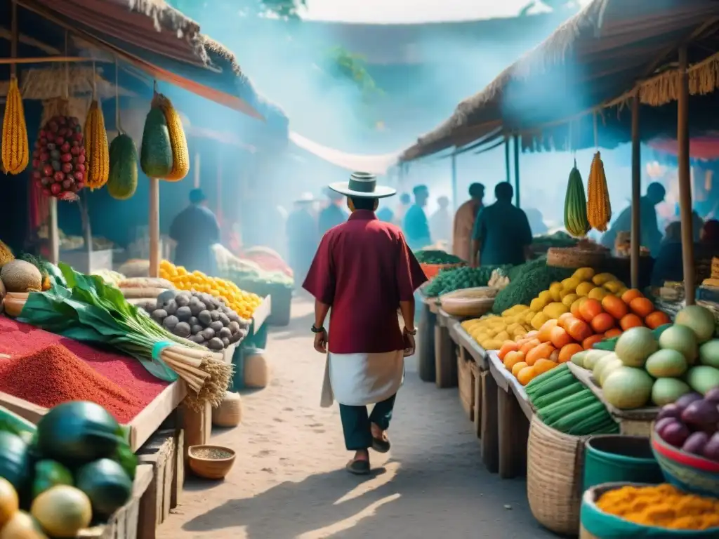 Mercado maya contemporáneo: colores, sabores y tradición Mercado vibrante en comunidad maya moderna, con frutas, verduras y especias coloridas