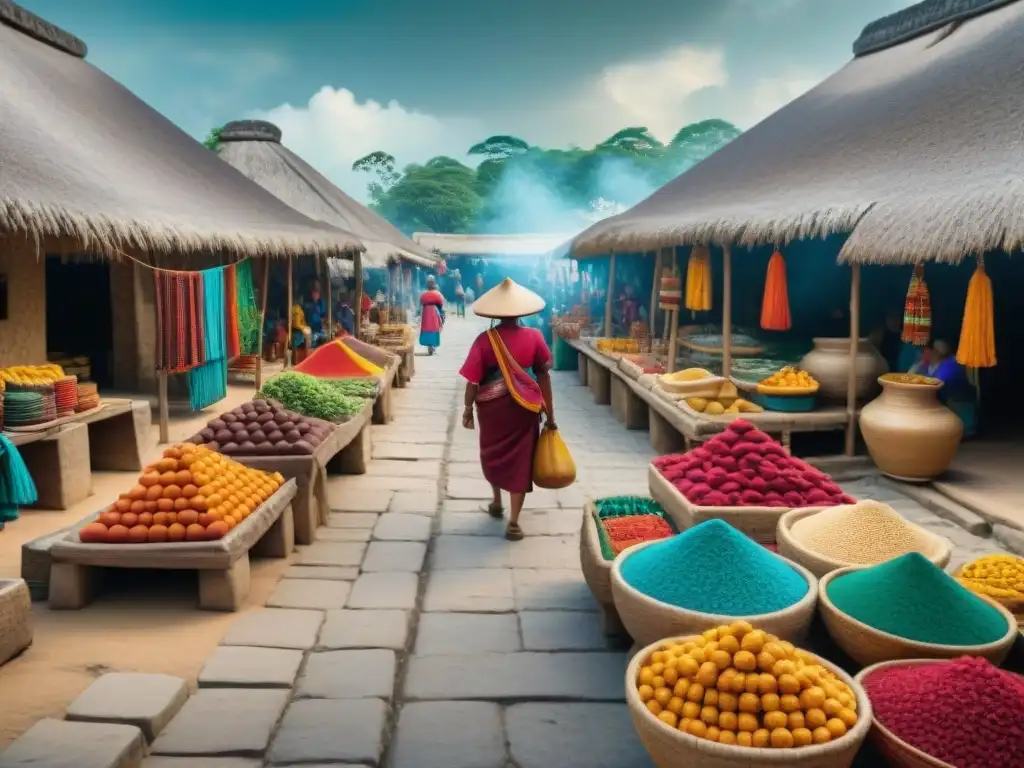 Mercado vibrante en comunidad Maya: colores, tejidos, intercambios y herencia cultural