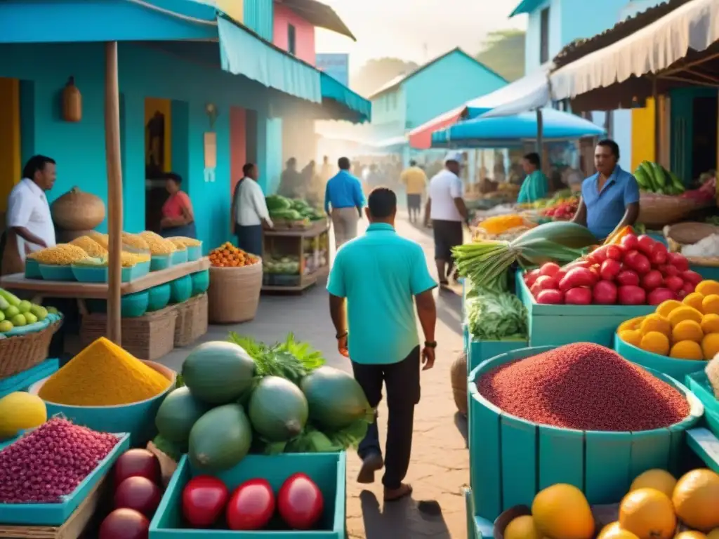 Mercado vibrante de influencia caribeña en cocina maya: vendedores locales ofrecen productos frescos al atardecer