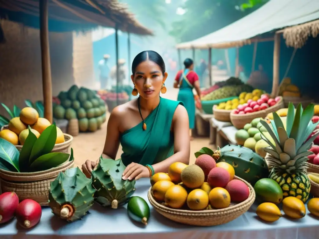 Mercado vibrante de la civilización maya con frutas exóticas y gente indígena en comercio bajo el sol de la selva