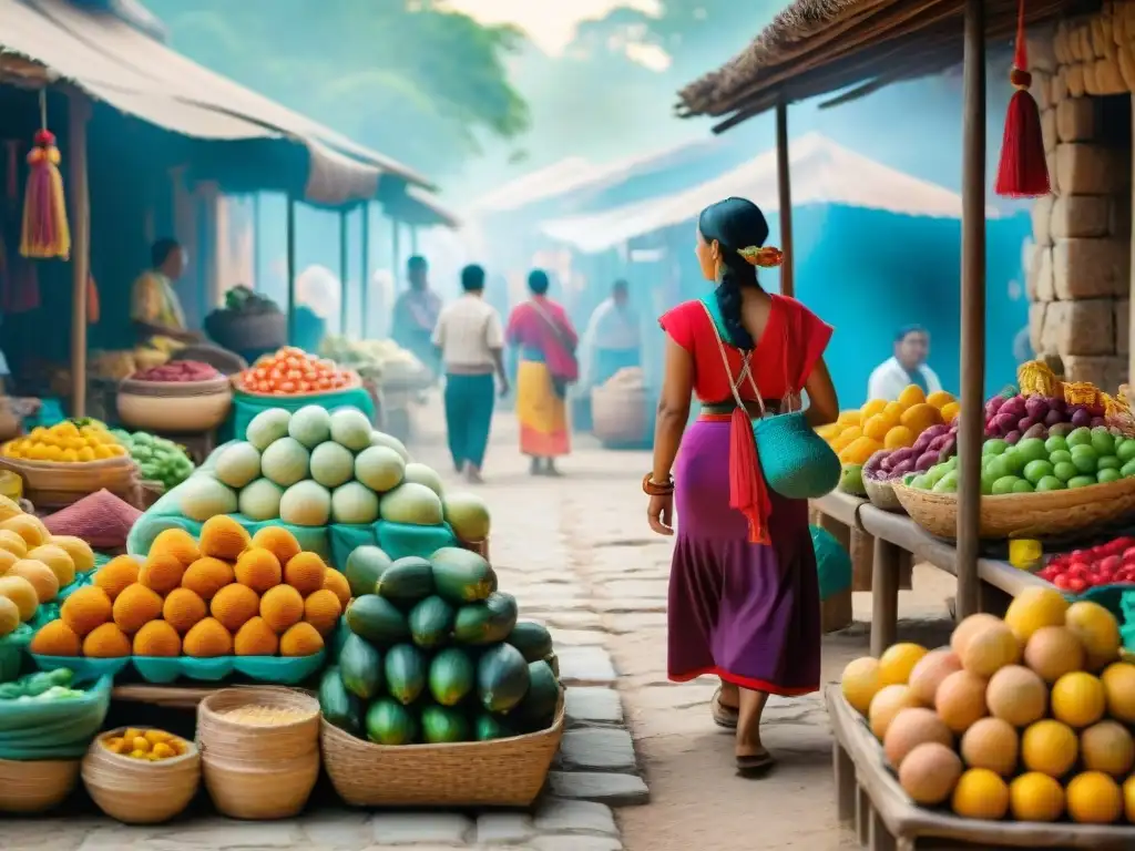 Un mercado vibrante en un pueblo maya, con colores, frutas, artesanías y arquitectura antigua