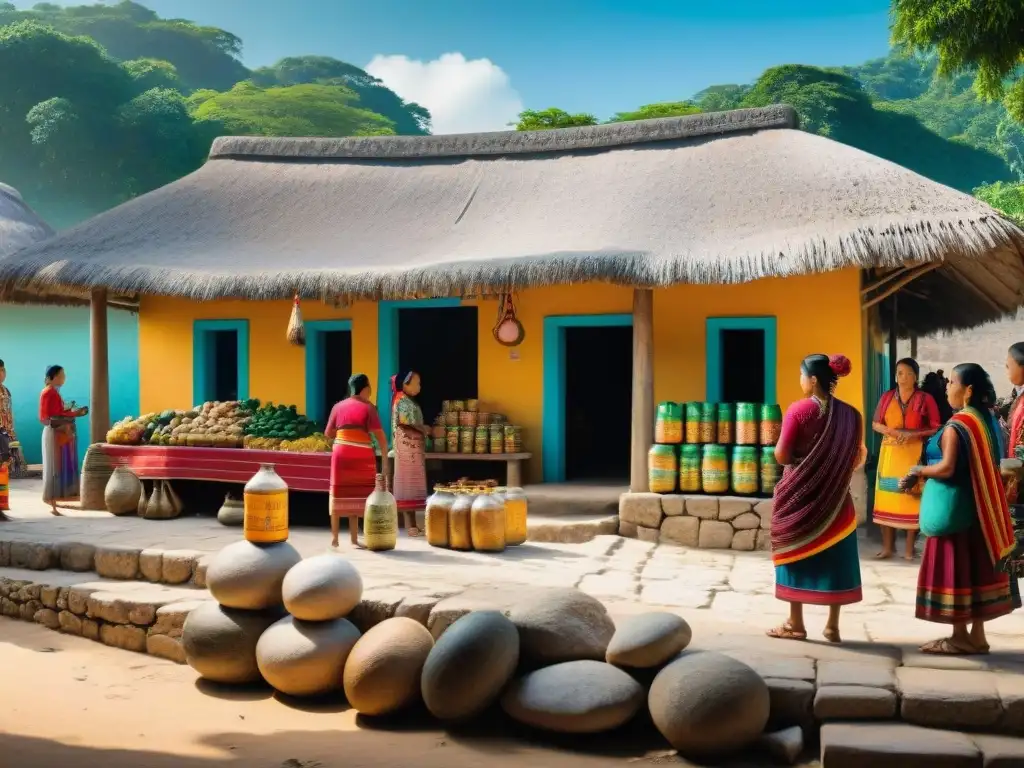 Mercado maya: preparando Pozol bajo el ceiba Mercado vibrante en pueblo maya: mujeres sirven Pozol bajo ceiba