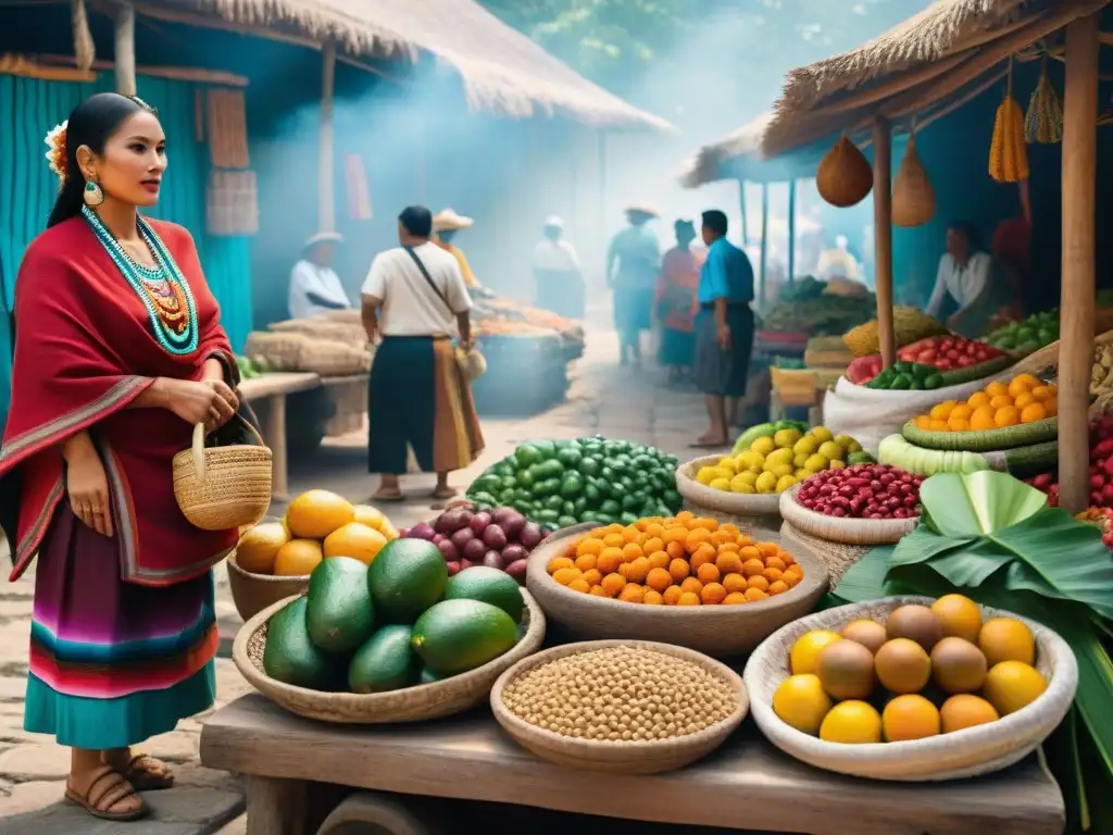 Mercados mayas sabores ancestrales: colorido mercado tradicional maya con frutas, verduras y artesanías, vendedores locales y vestimenta típica