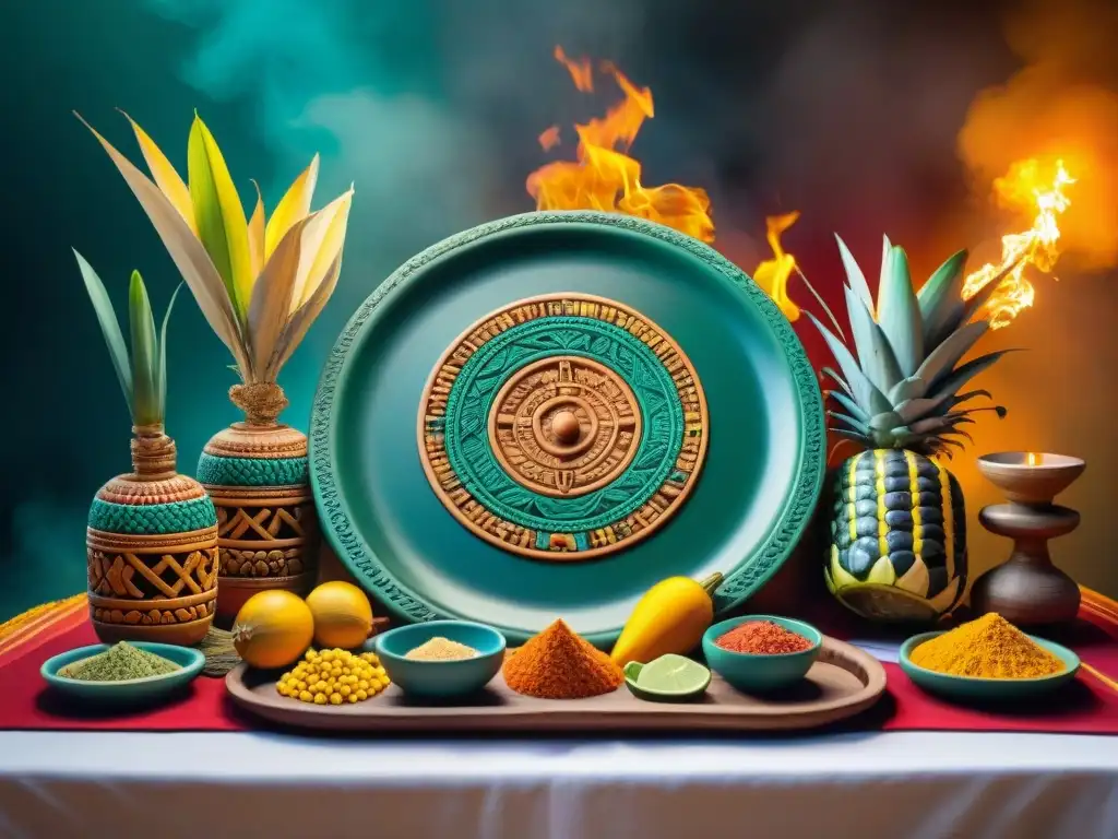 Una mesa ceremonial maya llena de ofrendas coloridas y humeantes, simbolizando los rituales alimenticios vida espiritual maya