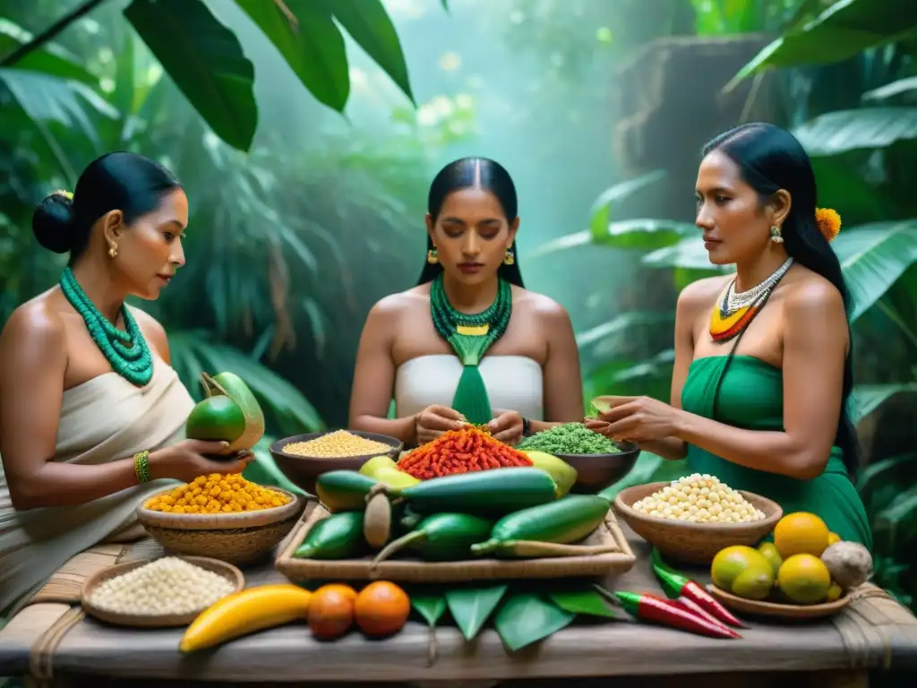 Una mesa ceremonial maya llena de alimentos en cestas tejidas y platos de barro, rodeada de ancianos en ritual espiritual en la jungla al atardecer