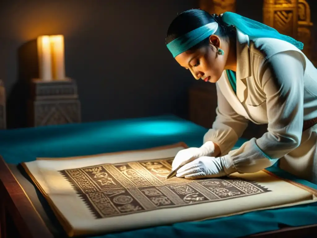 Restauración detallada de códice maya en misteriosa atmósfera Restauración meticulosa de un códice maya en sala atmosférica