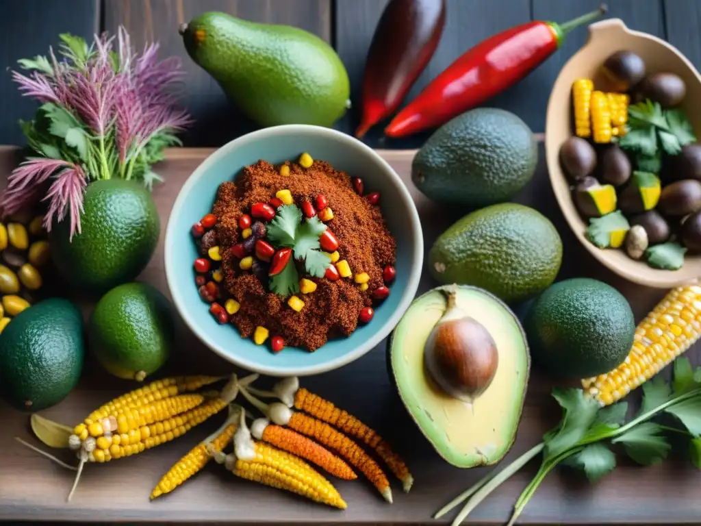 Una mezcla vibrante de ingredientes mayas en una mesa de madera rústica, evocando recetas dieta ritual maya