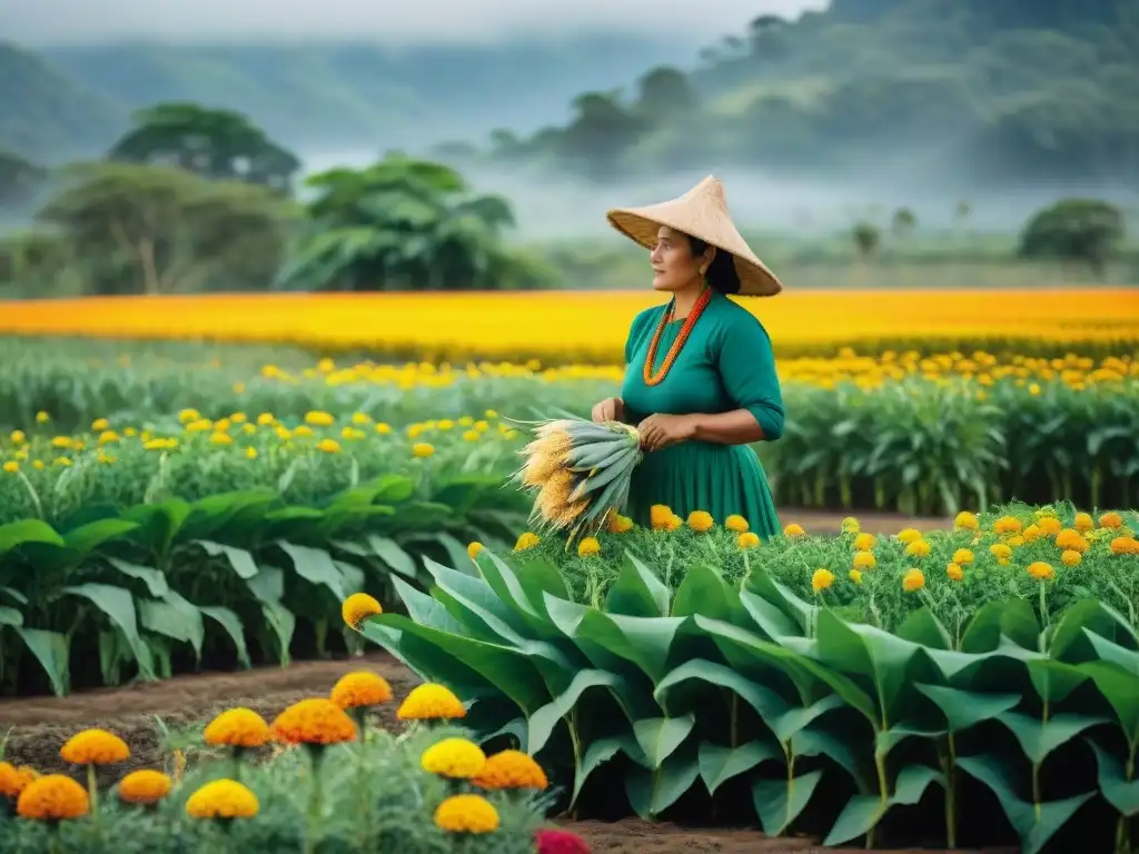 Una milpa maya exuberante con prácticas agrícolas sostenibles en Maya, resaltando la belleza de la biodiversidad