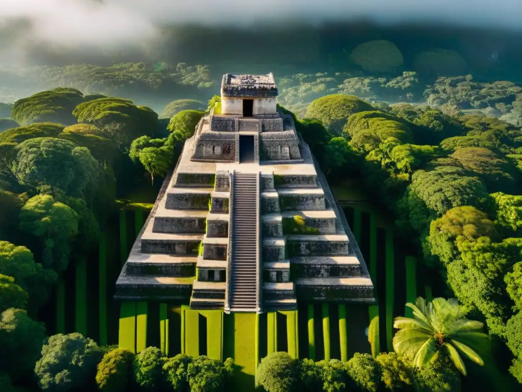 El Misterio de Zipacna: Ruinas Mayas rodeadas de vegetación, con sombras alargadas y grabados detallados en las piedras