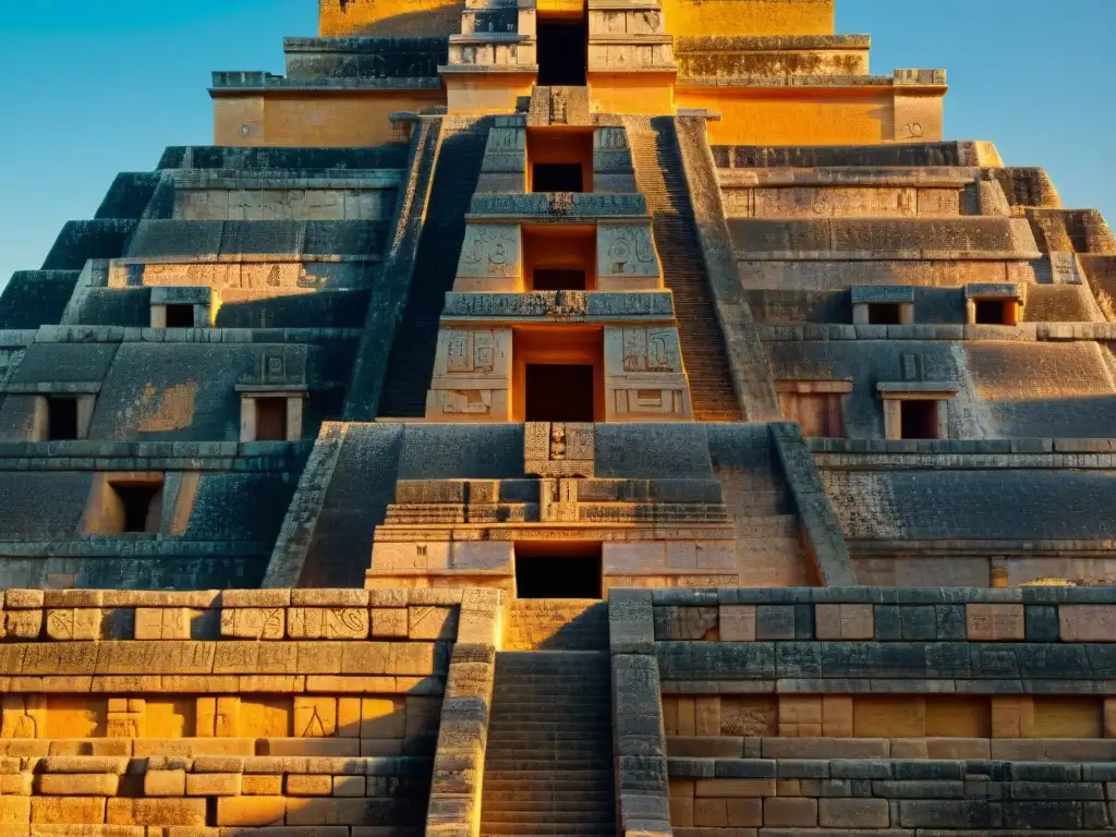 Misterios estelares en la Pirámide del Adivino de Uxmal, bañada en luz dorada al atardecer, revelando intrincadas inscripciones mayas