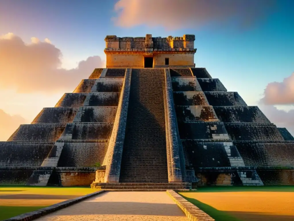 Misterios estelares en la Pirámide del Adivino en Uxmal, México, bajo la suave luz dorada del atardecer