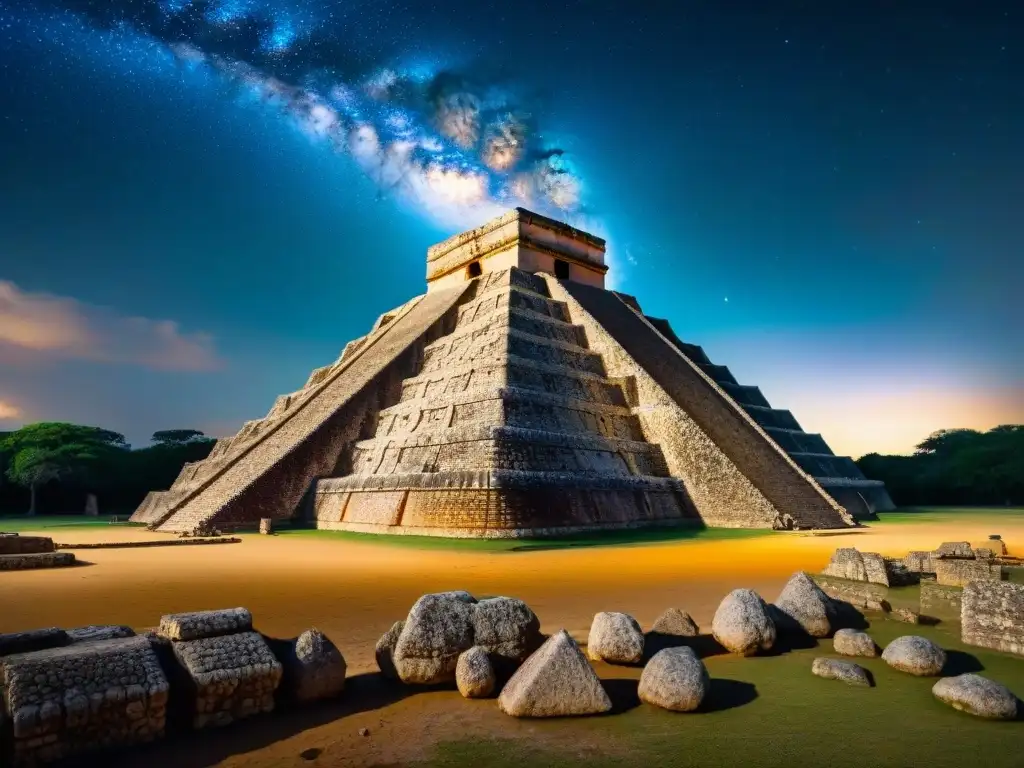 Misterios estelares en la Pirámide del Adivino en Uxmal bajo un cielo nocturno claro, con la Vía Láctea brillando sobre ella