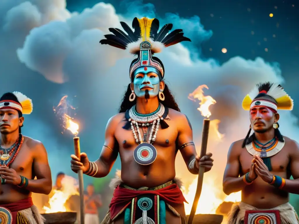 Misterios de Ah Puch: Ritual maya bajo las estrellas, shaman con incensario sagrado y participantes ataviados