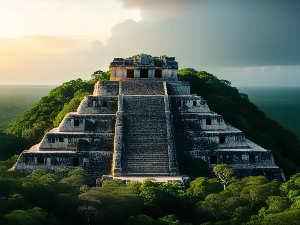 Explora la misteriosa grandeza de las antiguas ruinas mayas en Calakmul, entre la exuberante vegetación y la luz dorada del atardecer