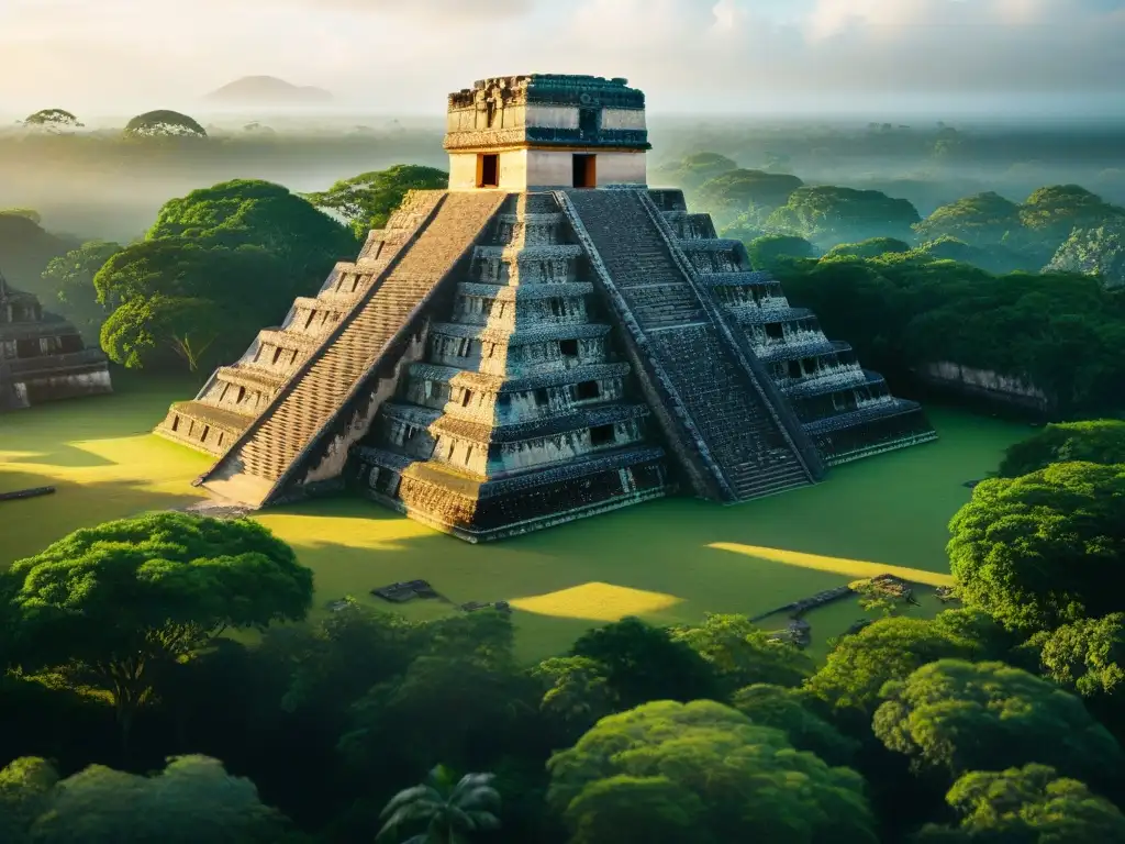 Misterioso amanecer en ruinas mayas detalladas Misteriosa ruina maya al amanecer, con detalles intrincados y vegetación exuberante