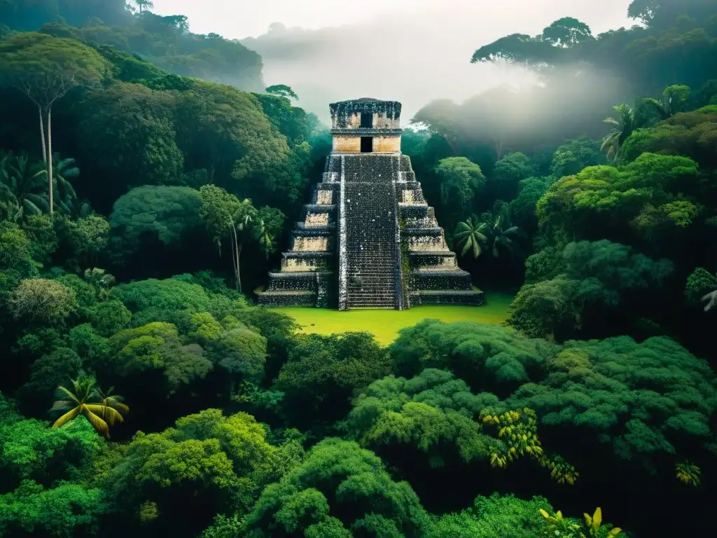 Misteriosa selva tropical maya con ruinas antiguas y carvings iluminados por luz solar