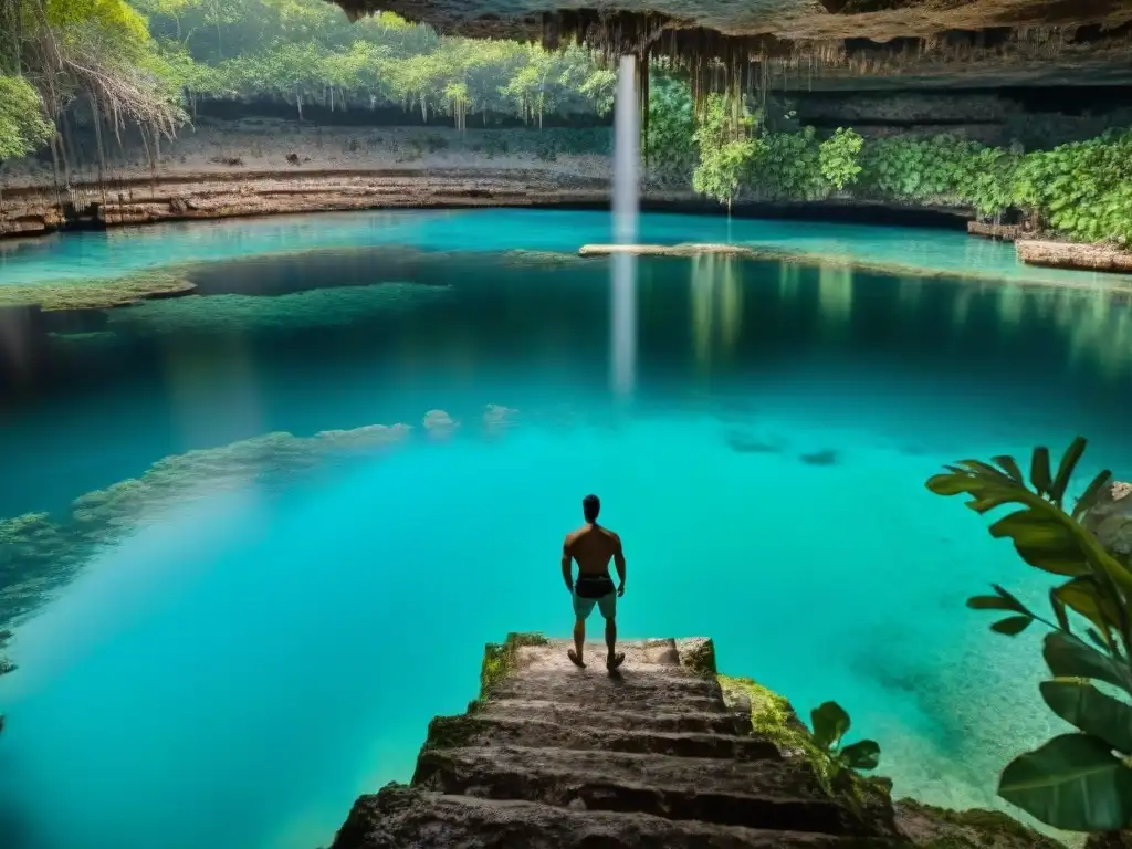 Misteriosa belleza del cenote maya: aguas turquesas y rituales antiguos Misterioso cenote maya con aguas turquesa, reflejando la selva y escaleras antiguas
